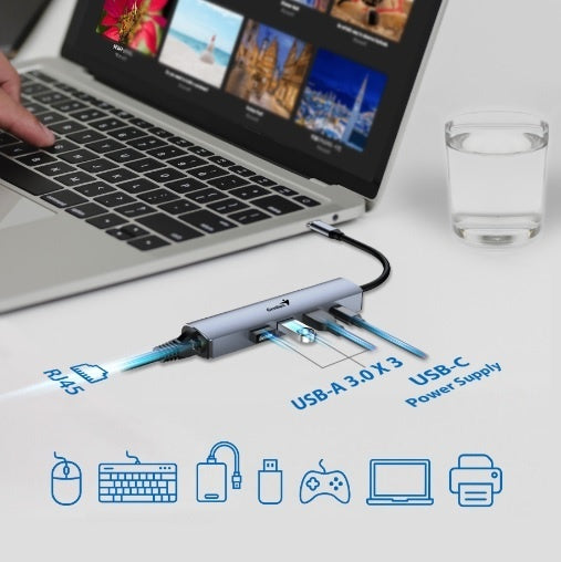 Hub Genius USB-C a USB-A, USB-C y RJ-45 UH-545