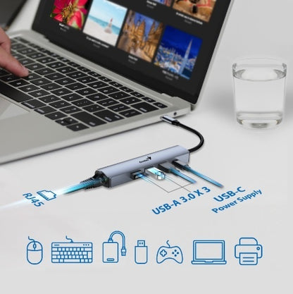 Hub Genius USB-C a USB-A, USB-C y RJ-45 UH-545