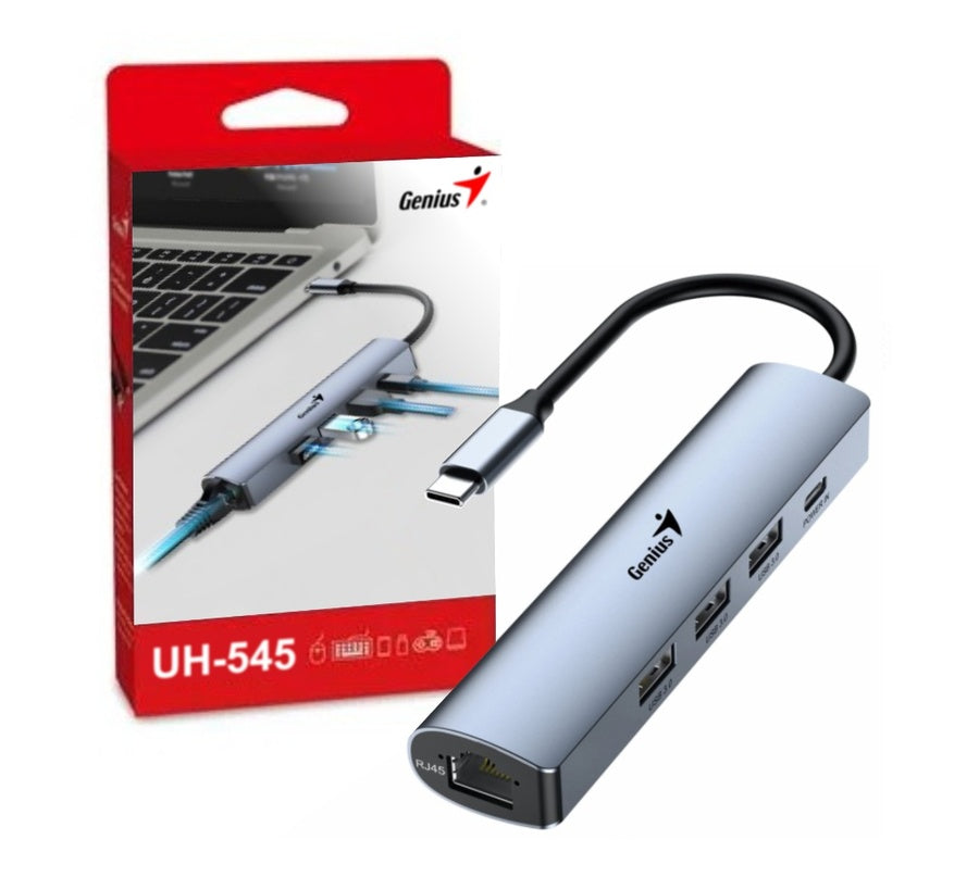 Hub Genius USB-C a USB-A, USB-C y RJ-45 UH-545